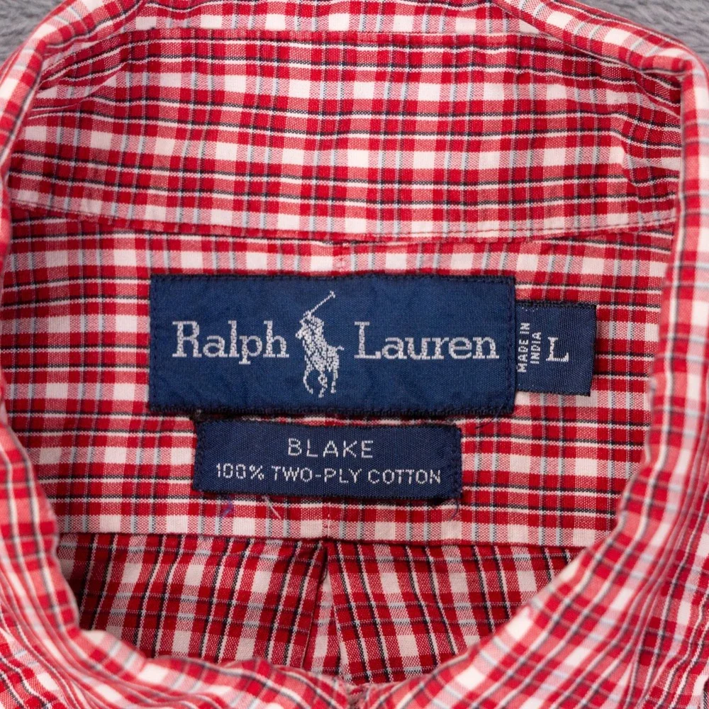 VTG Polo Ralph Lauren 90s Blake Two Ply Cotton Mens L Red White Plaid Shirt